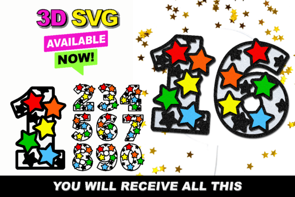 Rainbow Stars Numbers 3D SVG: Graphics for Crafts